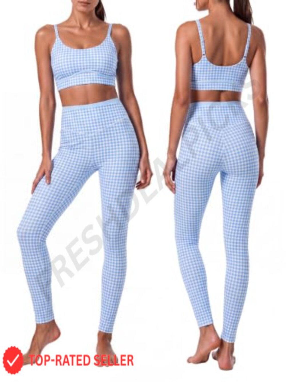 Gingham 2 Piece Workout Set Sports Bra High Waisted Leggings Gym Yoga